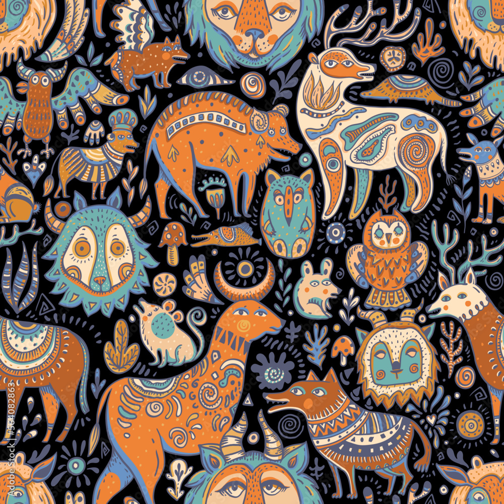 Fototapeta premium Doodle fantasy forest creatures seamless pattern, cute background