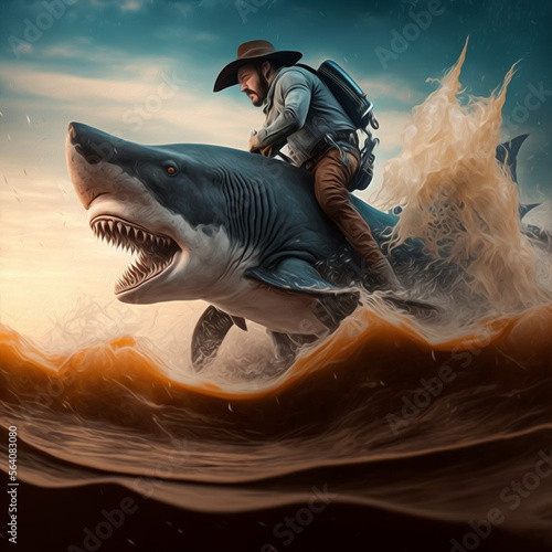 a cowboy riding a great white shark like a bull rider . © Jeff