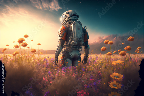  astronaut  stands in a field of flowers  surrounded by the beauty of nature.His journey has inspired many to look closer at our planet and its environment. generative ai
