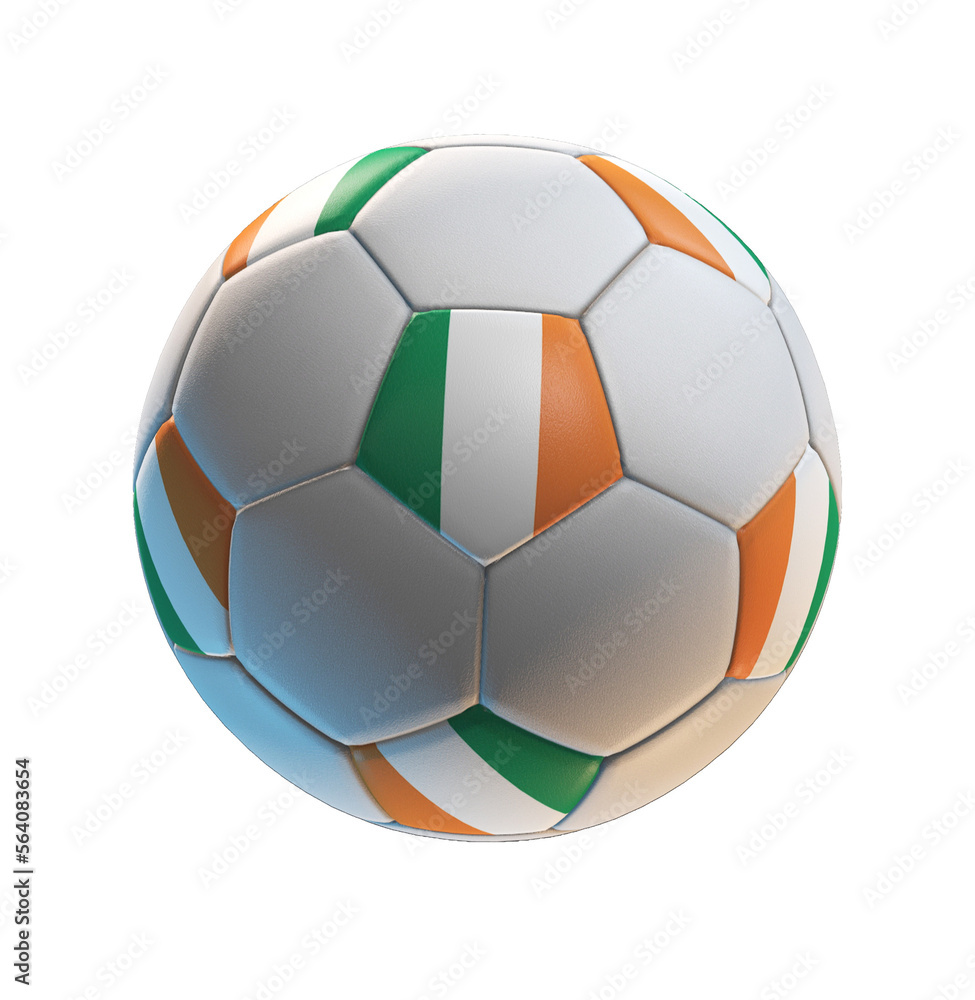 Soccer ball with the flag of Republic of Ireland on isolated transparent. 3D Rendering Soccer ball with the flag of Republic of Ireland on isolated transparent. 3D Rendering