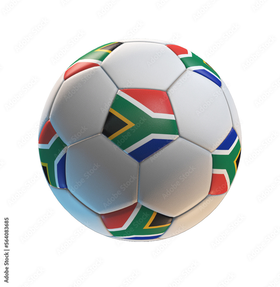 Soccer ball with the flag of South Africa on isolated transparent. 3D Rendering Soccer ball with the flag of South Africa on isolated transparent. 3D Rendering