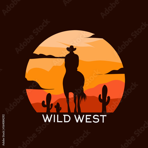 illustration vector of wild west,cowboy ride horse silhouette,sunset scenery,perfect for print,banner,poster.