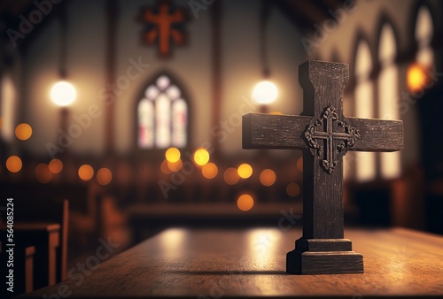illustration of a Church Interior with bokeh ceremony lighting and a wooden crucifix on a wooden table. generative AI