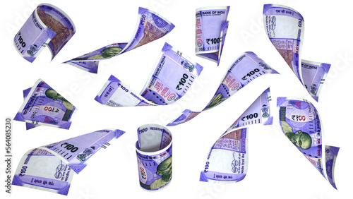 100 Indian rupee notes flying in different angles and orientations, currency of india