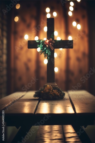 illustration of a Church Interior with bokeh ceremony lighting and a wooden crucifix on a wooden table. generative AI