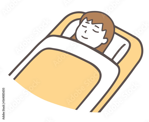 布団で眠る女性、睡眠、黄色