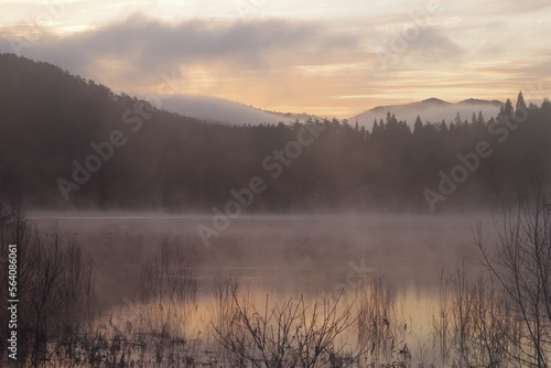 A landscape photo of a lake that feels quiet. winter landscape. Quiet impression.