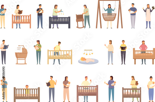 Night babysitting icons set cartoon vector. Baby nanny. Service sleep