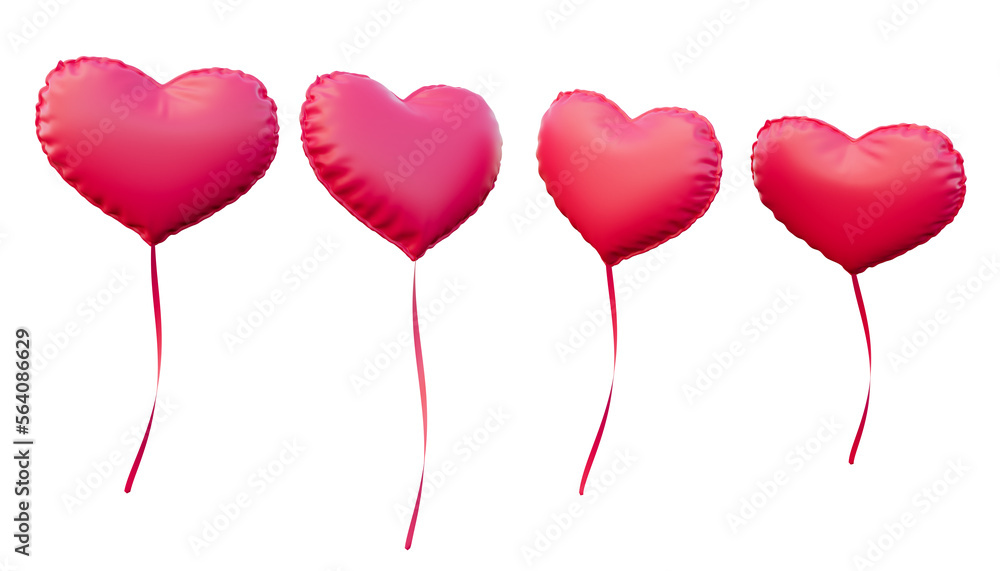 3d illustration of four valentines day heart balloons, for wedding day and mother's day