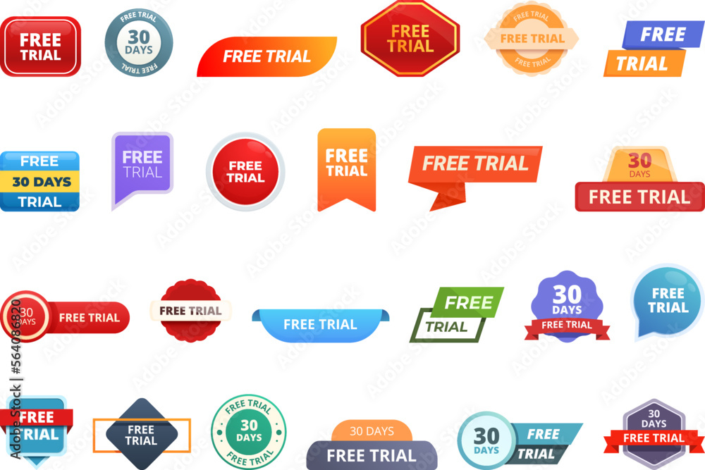 Free with trial icons set cartoon vector. Demo test. Free offer