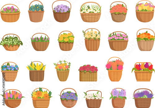 Flower basket icons set cartoon vector. Summer nature. Easter basket