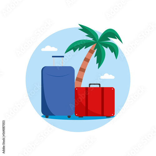 Summer travel icon set. Luggage and suitcase with palm tree. Tropical background. Vector illustration.