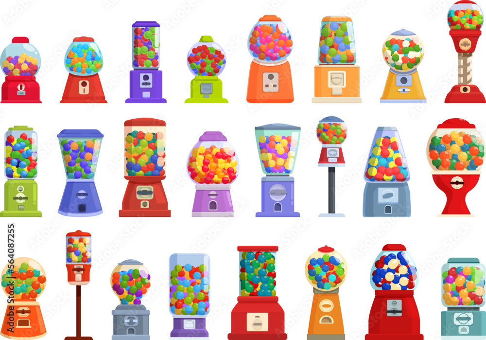 Bubblegum machine icons set cartoon vector. Gum candy. Vending toy Bubblegum machine icons set cartoon vector. Gum candy. Vending toy