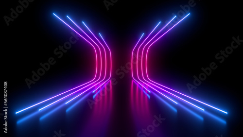 Fotografia Sci Fy neon glowing wave lines in a dark hall