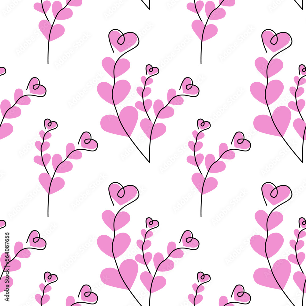 Seamless pattern of abstract brunches made by color hearts in trendy pink shades. Background Texture
