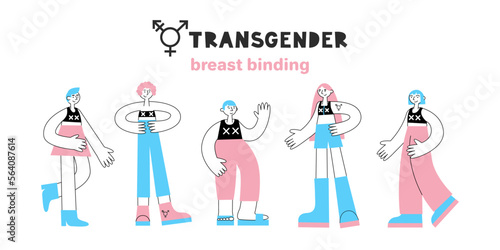 Transgender breast chest binding. Set of trans ftm people with lgbt symbols and bra in flag colors. Equality, diversity, inclusion, rights concept. Vector flat illustration.