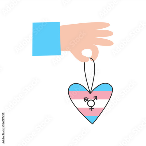 Hand with transgender flag heart and symbol. Trans day of visibility. LGBT equality, diversity, inclusion concept. Vector flat illustration.