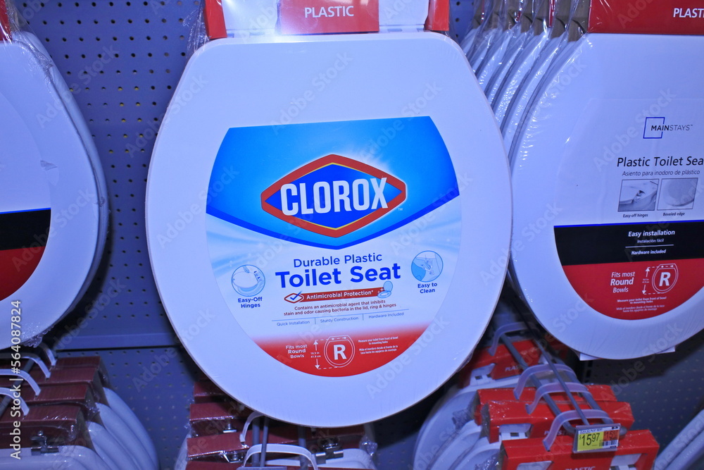 Clorox Toilet seat on a peg board rack at a store. Stock Photo Adobe