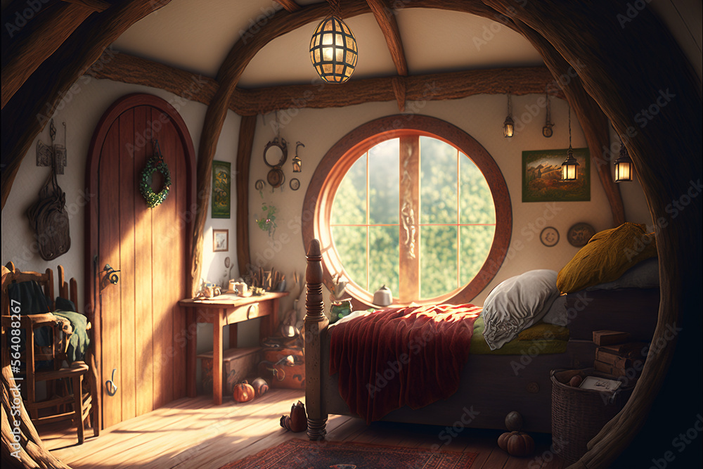 Vintage house interior, inside fantasy wooden hut in forest, generative
