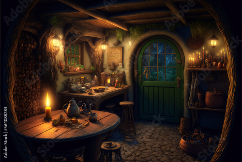 Fototapeta Hobbit house interior, inside fantasy wooden hut at night in forest, generative