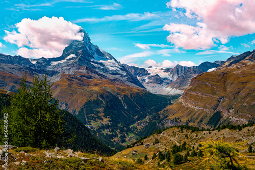 Majestic mountain valley in summer at Zermatt. Aerial view from the walking path to Lake Stellisee.