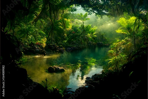 A secluded cove surrounded by lush tropical foliage