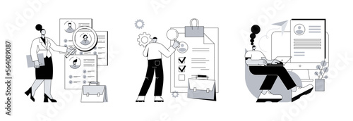 Apply for a job abstract concept vector illustration set. Employers and vacancies, send your CV, hiring, hr service, start your career, company corporate website, headhunting abstract metaphor.