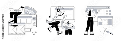 User interface development abstract concept vector illustration set. Interface design, user research, layout, landing page, responsive design, usability test, online survey, abstract metaphor.