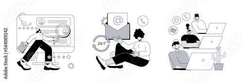 Help line abstract concept vector illustration set. Customer self-service, get in touch, call center, online assistance, FAQ, e-support system, live chat, virtual service point abstract metaphor.