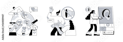 Social engagement abstract concept vector illustration set. Social participation, sign language conversation, assistive hearing device, hand alphabet, deaf people, gesture language abstract metaphor.