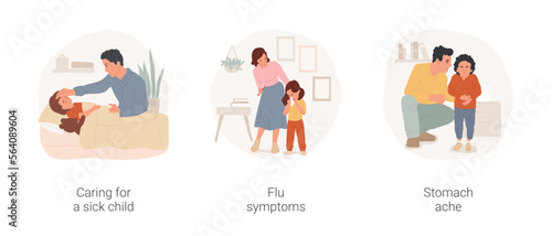 Childhood sickness isolated cartoon vector illustration set. Mother caring for sick child, flu symptoms, kid sneezing and coughing, stomach ache, child holds belly, food poisoning vector cartoon.