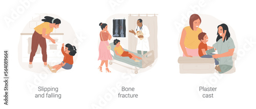 Child injury isolated cartoon vector illustration set. Slipping and falling, toddler holding knee and crying, doctor making x-ray, bone fracture first aid, plaster cast, kid health vector cartoon.