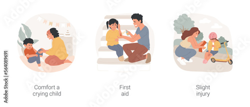 Child injury treatment isolated cartoon vector illustration set. Parent comfort crying child, home first aid, puts bandage, treating childs wound, slight injury, patch on elbow vector cartoon.