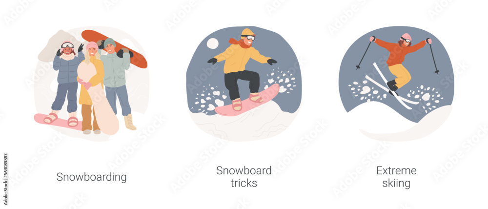 Fototapeta premium Winter extreme sports isolated cartoon vector illustration set. Snowboarding together, teenagers holding equipment, snowboard tricks, teenager enjoy skiing, making stunt vector cartoon.