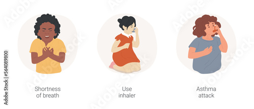 Childhood asthma isolated cartoon vector illustration set. Shortness of breath, asthma symptom, child with open mouth, kid use inhaler, asthma attack, childhood health problem vector cartoon.