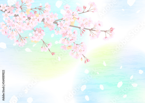 ふんわりと明るい空を見上げた、幻想的な桜の背景イラスト