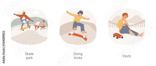 Skating isolated cartoon vector illustration set. Young skater teenage boy jumping with skateboard, skate park ramp, doing flip trick, extreme sport injury, teen fell off board vector cartoon.