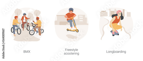 Extreme hobbies isolated cartoon vector illustration set. Teenage boy on bmx bike, freestyle scootering, riding kick scooter in skate park, girl riding longboard, urban longboarding vector cartoon.
