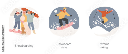 Winter extreme sports isolated cartoon vector illustration set. Snowboarding together, teenagers holding equipment, snowboard tricks, teenager enjoy skiing, making stunt vector cartoon.