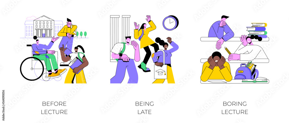 College lessons isolated cartoon vector illustrations set. Before lecture, student being late for the classes, boring lecture, educational process, student lifestyle vector cartoon.
