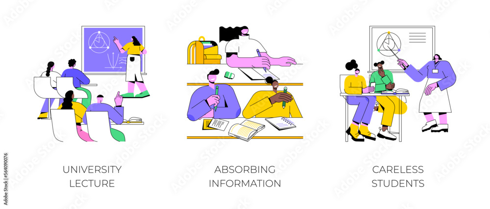 Acquire knowledge isolated cartoon vector illustrations set. University lecture, absorbing information and making notes, careless distracted students, educational process vector cartoon. Acquire knowledge isolated cartoon vector illustrations set. University lecture, absorbing information and making notes, careless distracted students, educational process vector cartoon.
