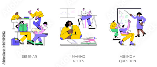 Classes in a college isolated cartoon vector illustrations set. College seminar, writing notes in a classroom, asking a question, student lifestyle and educational process vector cartoon.