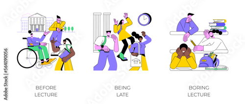 College lessons isolated cartoon vector illustrations set. Before lecture, student being late for the classes, boring lecture, educational process, student lifestyle vector cartoon.