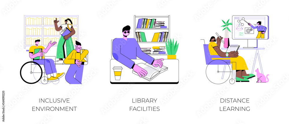 Accessibility and inclusion in education isolated cartoon vector illustrations set. Inclusive environment, library facilities, university distance learning, special education process vector cartoon. Accessibility and inclusion in education isolated cartoon vector illustrations set. Inclusive environment, library facilities, university distance learning, special education process vector cartoon.