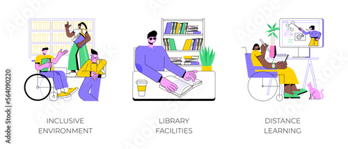 Accessibility and inclusion in education isolated cartoon vector illustrations set. Inclusive environment, library facilities, university distance learning, special education process vector cartoon.