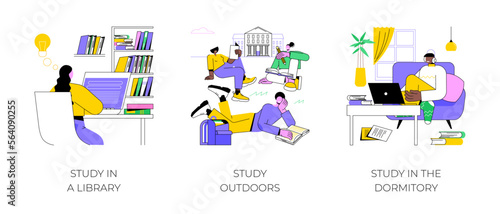 Getting ready for classes isolated cartoon vector illustrations set. Study in a library and outdoors, student preparing for college classes in dormitory room, student lifestyle vector cartoon.