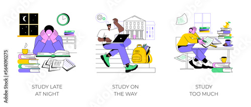 Preparing for exams isolated cartoon vector illustrations set. Study late at night, prepare for college classes on the way, nerd student study hard, pile of books, make homework vector cartoon.