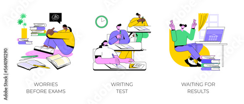 College exams isolated cartoon vector illustrations set. Worries before exams, students writing test, waiting for results, knowledge check assessment, stressful student life vector cartoon.