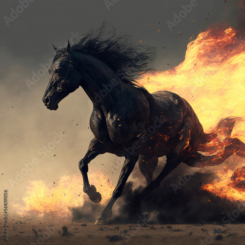 A black horse engulfed in flames gallops across the scorched earth. High quality illustration