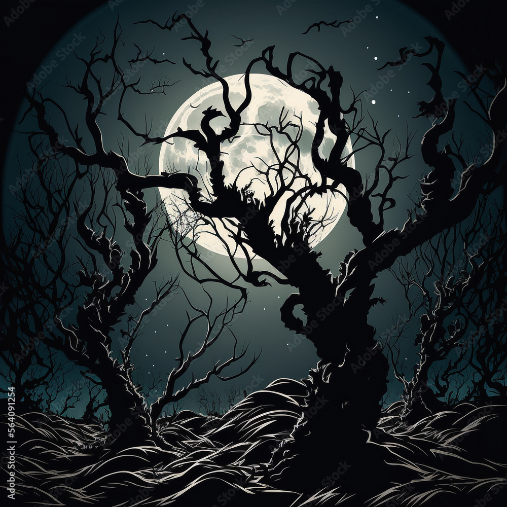 Gloomy graphic illustration of gnarled trees on the background of the moon. High quality illustration